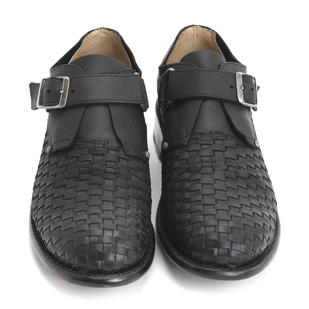 Jhon Fluevog Ayn Black Woven Leather Buckled Shoes